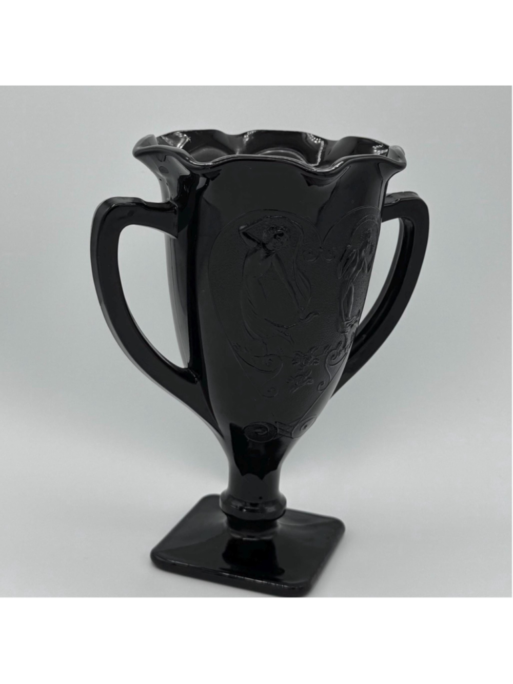 Vintage L.E. Smith Black Amethyst Glass Dancing Nymphs Trophy Vase | Art Deco